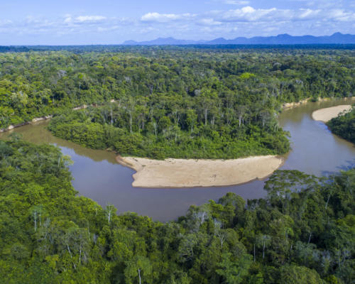 An aerial photo taken with a drone over the Kanuku Mountains Protected Area, Guyana. The Rupununi River flows from the mountains. © Daniel Rosengren