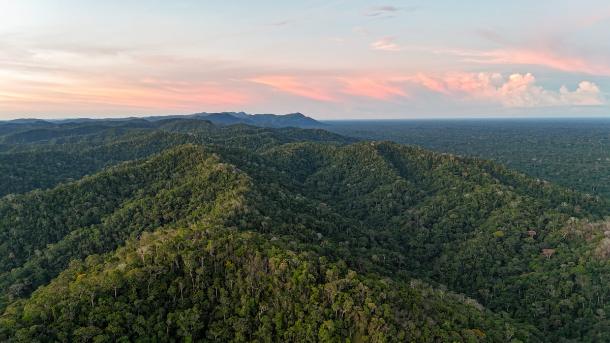 Landscape drone image of sunset over the Serra do Divisor Mountains inside Serra do Divisor National Park