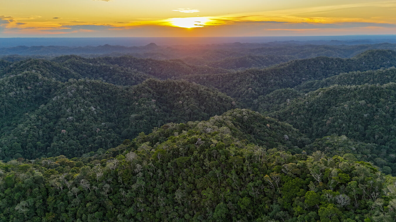 Landscape drone images of sunset over the Serra do Divisor Mountains inside Serra do Divisor National Park