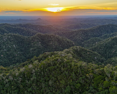 Landscape drone images of sunset over the Serra do Divisor Mountains inside Serra do Divisor National Park